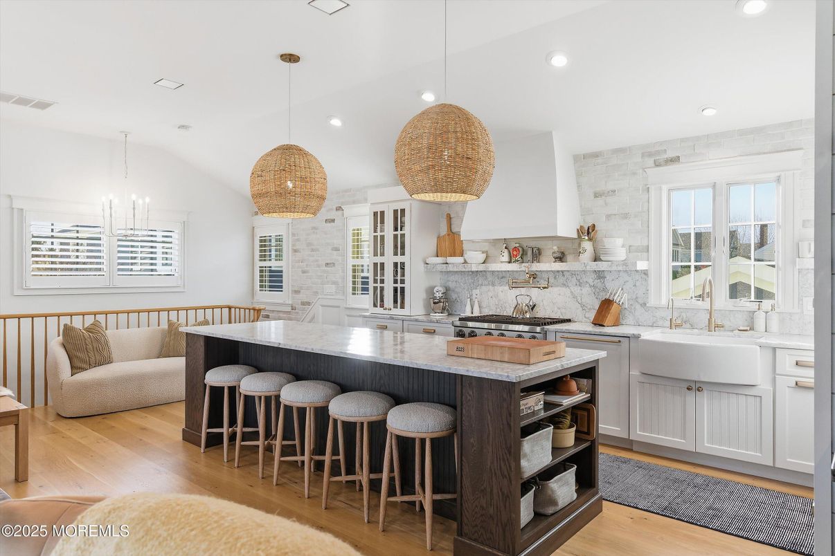 Interior, Kitchen, Marble Walls, Pendant Lights, Recessed Lighting, Wood Texture Flooring