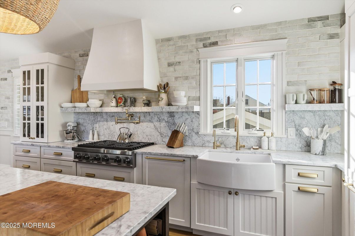 Interior, Kitchen, Recessed Lighting, Stainless Steel Appliances, Stone Walls