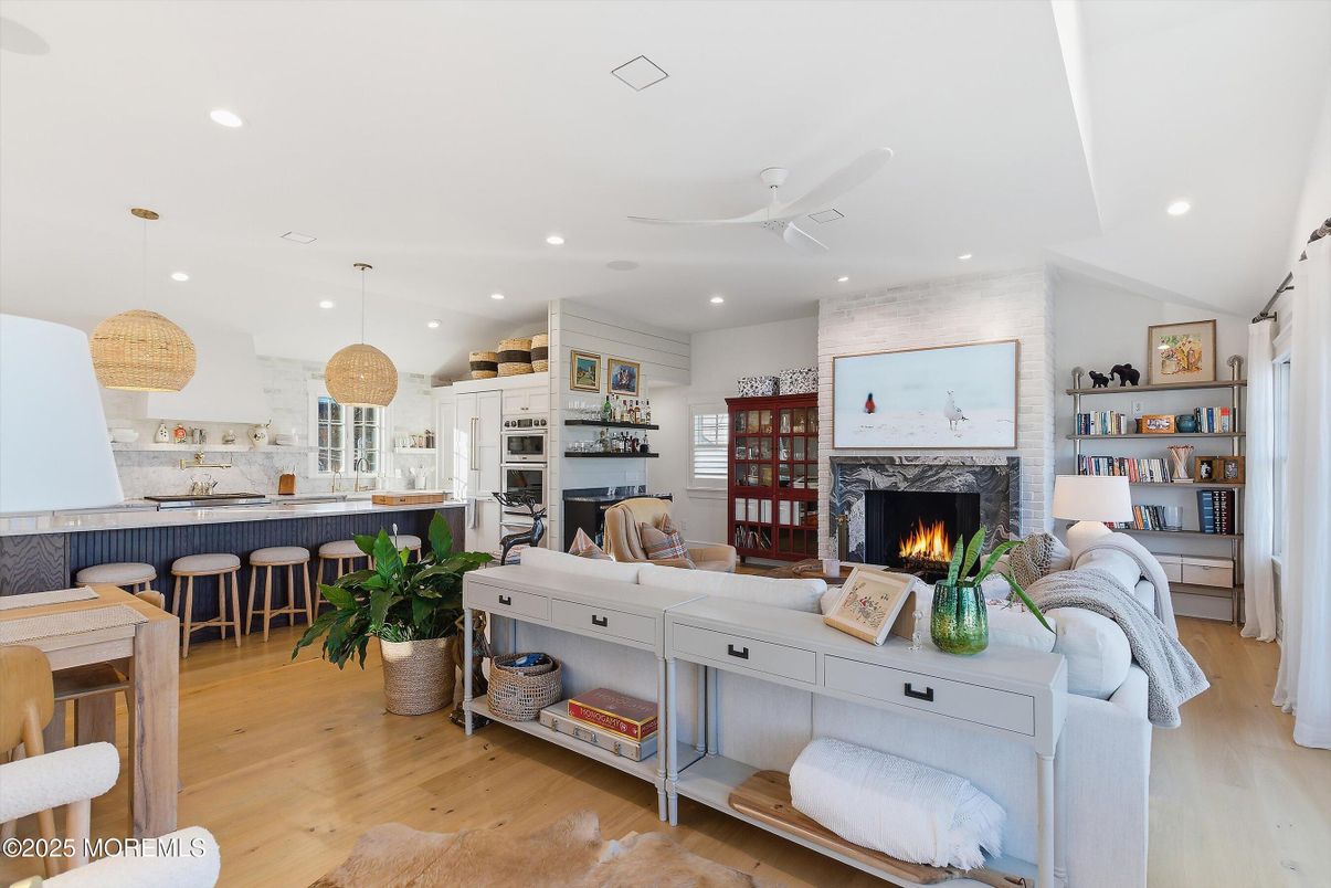 Fireplace, Interior, Kitchen, Living room, Pendant Lights, Recessed Lighting, Wood Texture Flooring