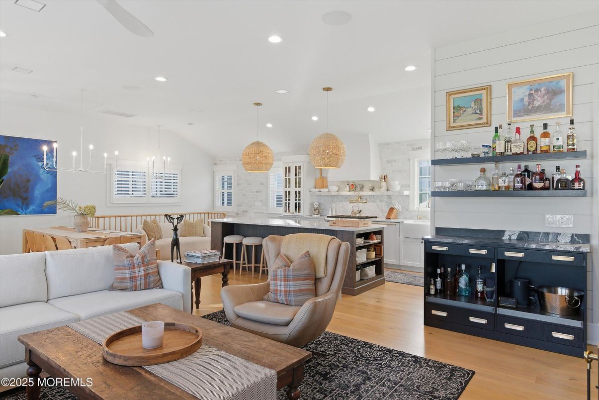 Dining room, Interior, Living room, Pendant Lights, Recessed Lighting, Wood Texture Flooring