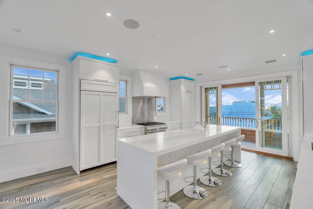 Interior, Kitchen, Recessed Lighting, Stainless Steel Appliances, Water, Wood Texture Flooring