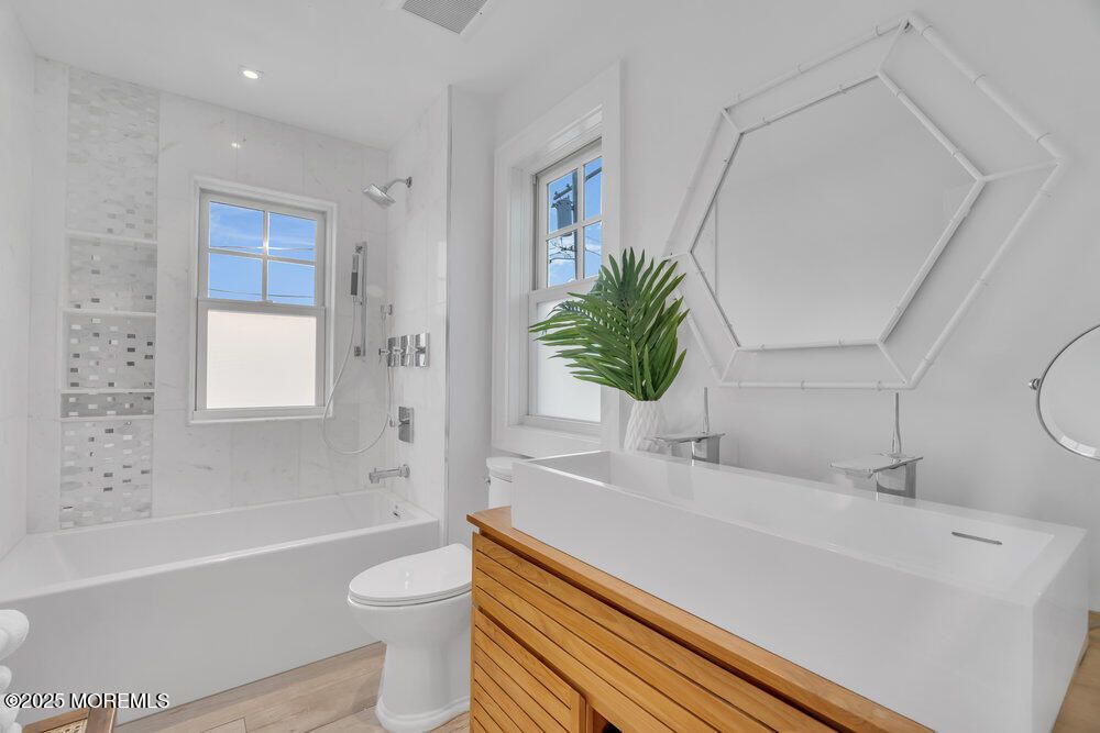 Bathroom, Interior, Marble Walls, Recessed Lighting, Wood Texture Flooring