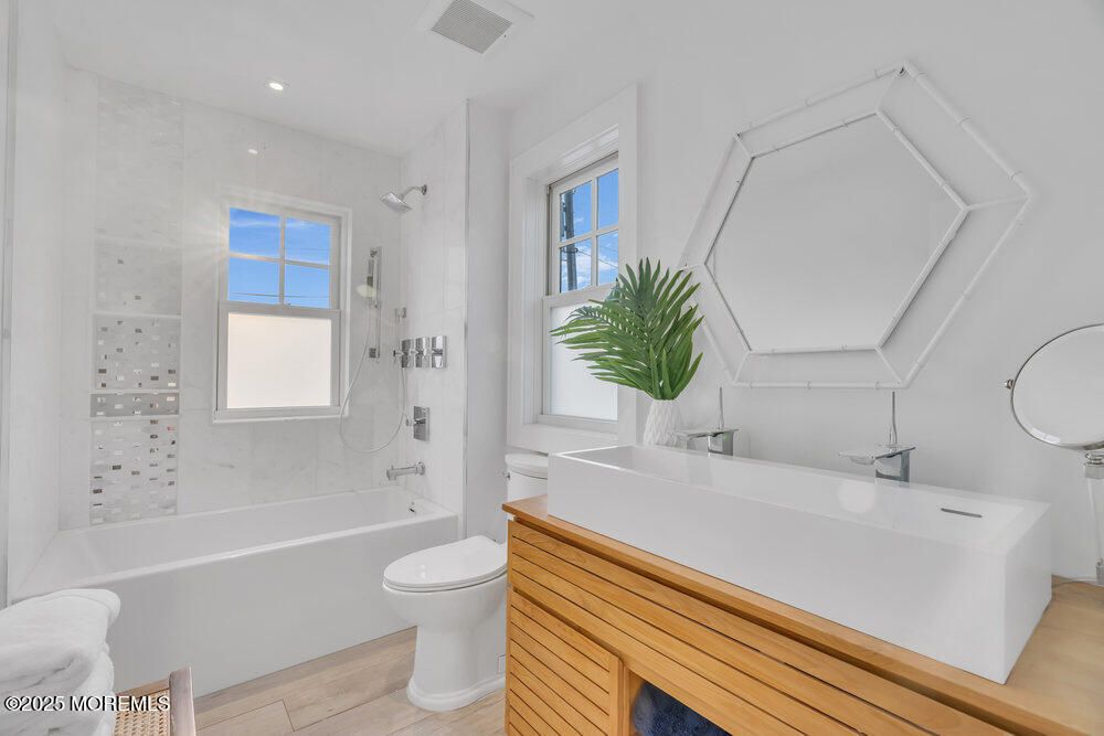 Bathroom, Interior, Marble Walls, Recessed Lighting, Wood Texture Flooring