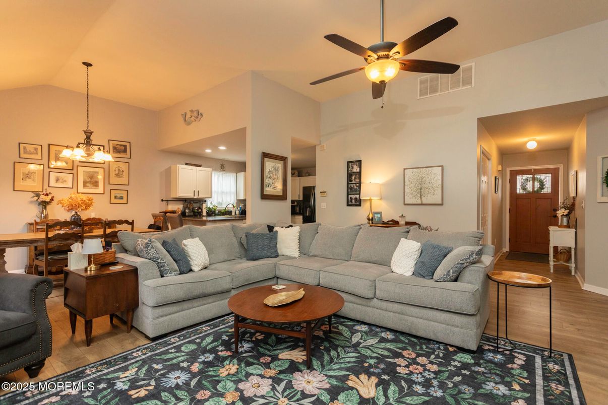 Chandelier, Dining room, Interior, Kitchen, Living room, Pendant Lights, Recessed Lighting, Wood Texture Flooring