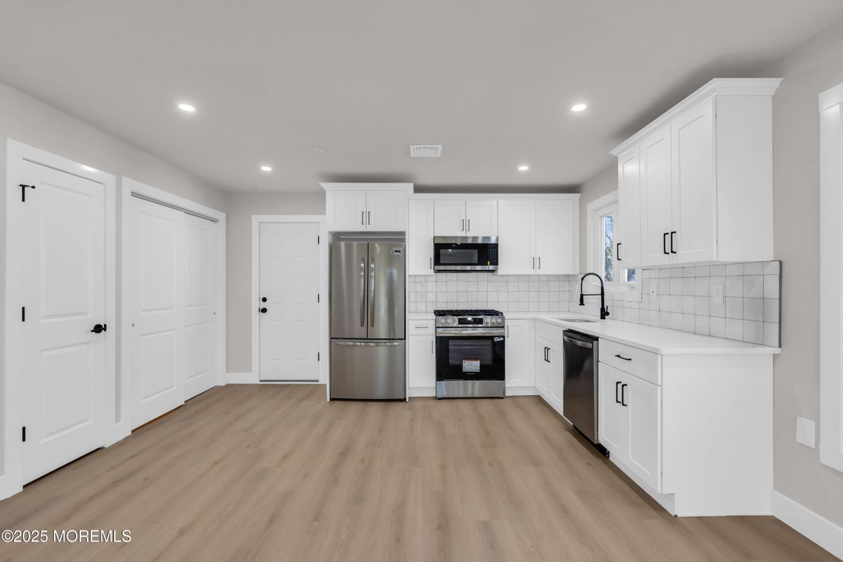 Interior, Kitchen, Recessed Lighting, Stainless Steel Appliances, Wood Texture Flooring