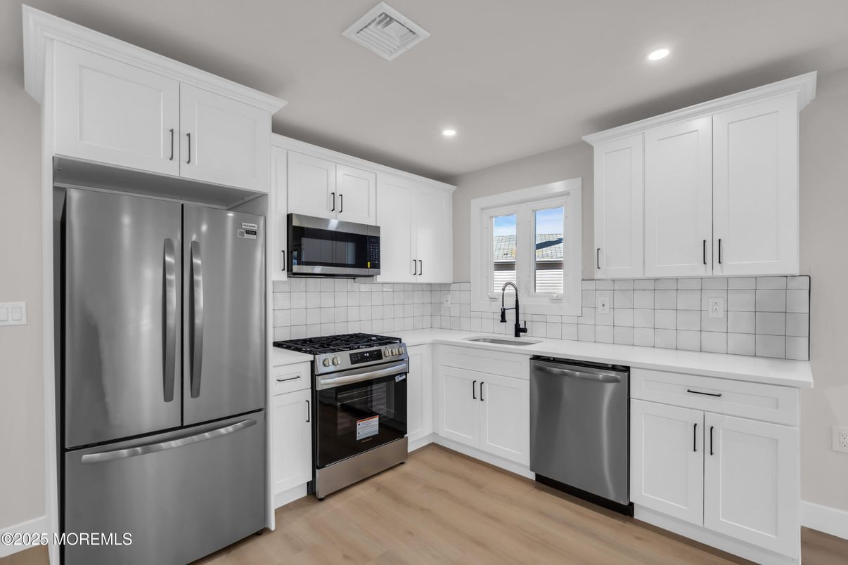 Interior, Kitchen, Recessed Lighting, Stainless Steel Appliances, Wood Texture Flooring