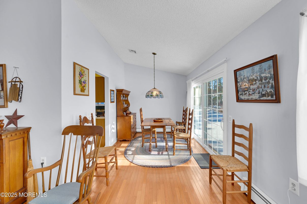 Dining room, Interior, Pendant Lights, Wood Texture Flooring