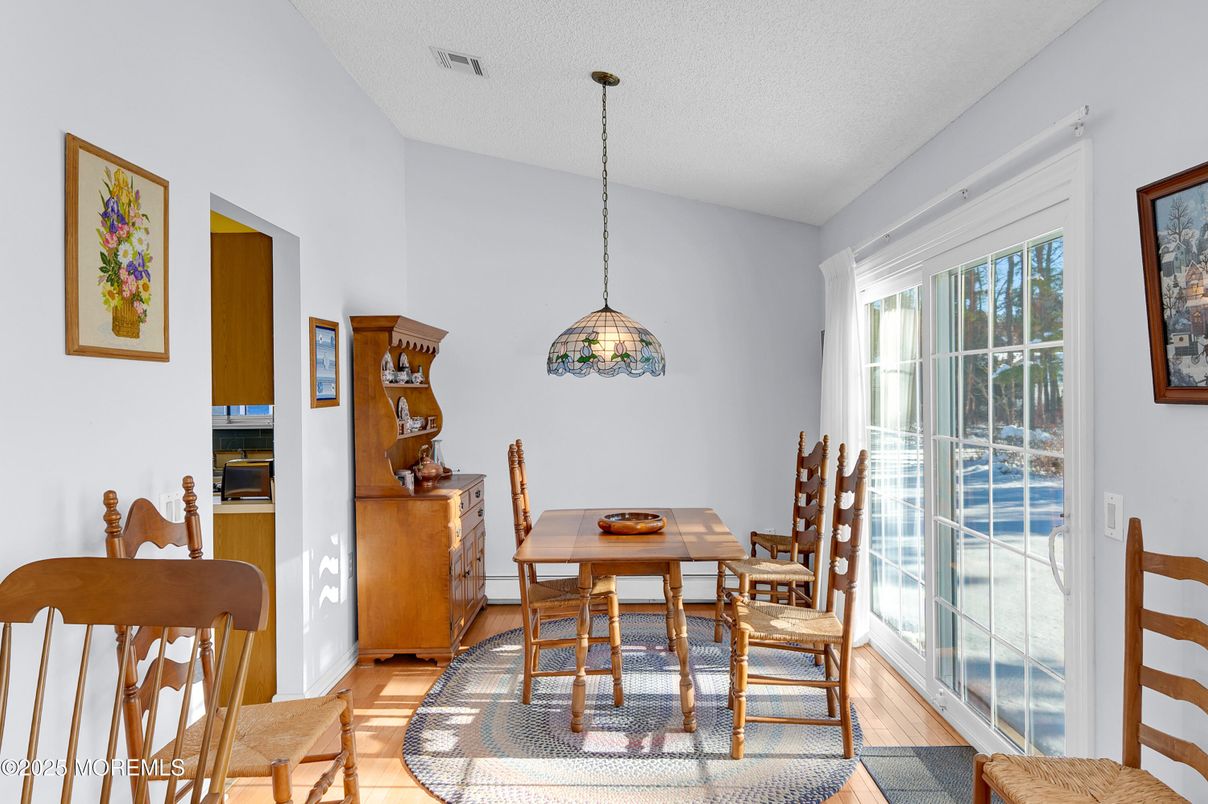Dining room, Interior, Pendant Lights, Wood Texture Flooring