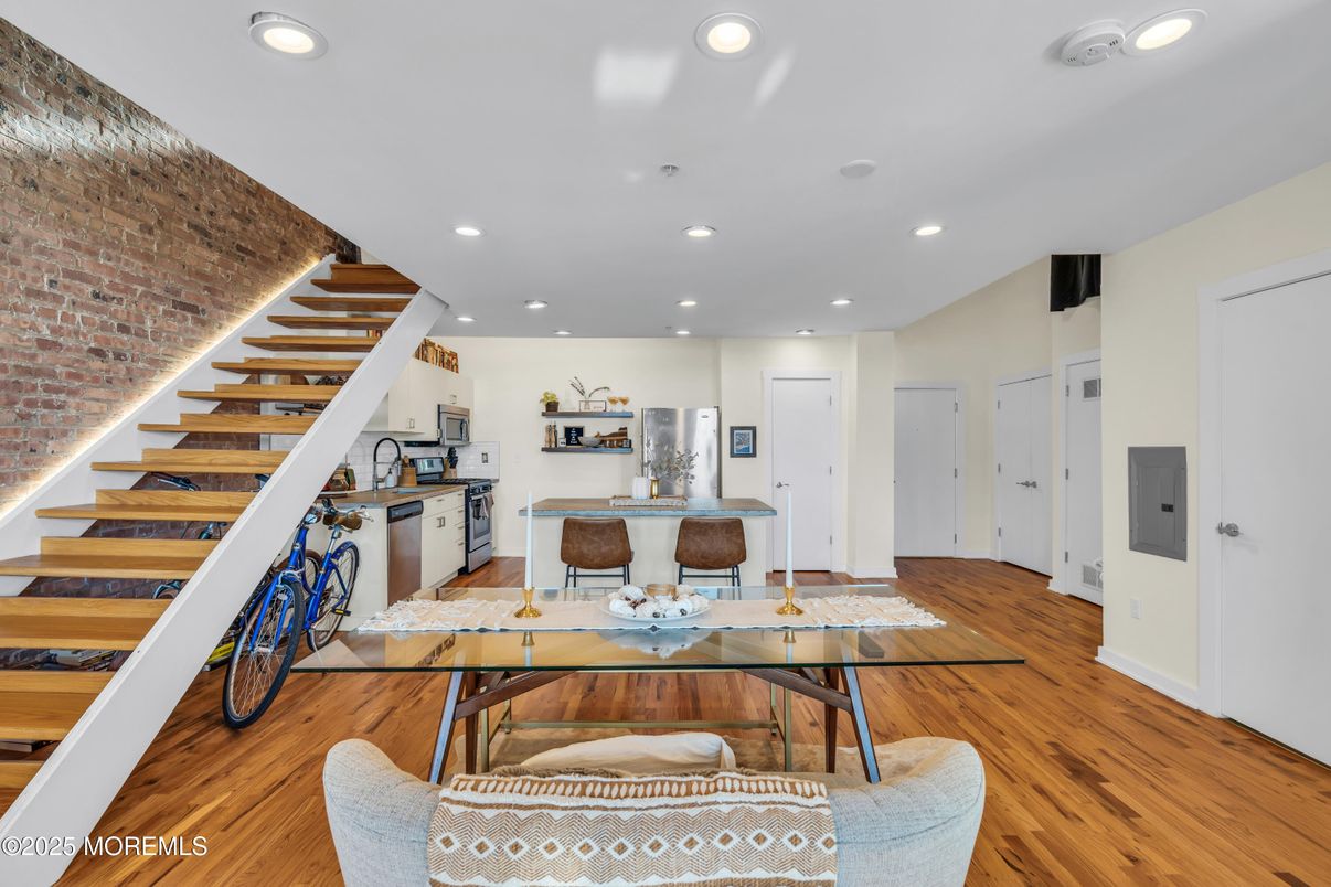 Interior, Kitchen, Recessed Lighting, Stone Walls, Wood Texture Flooring