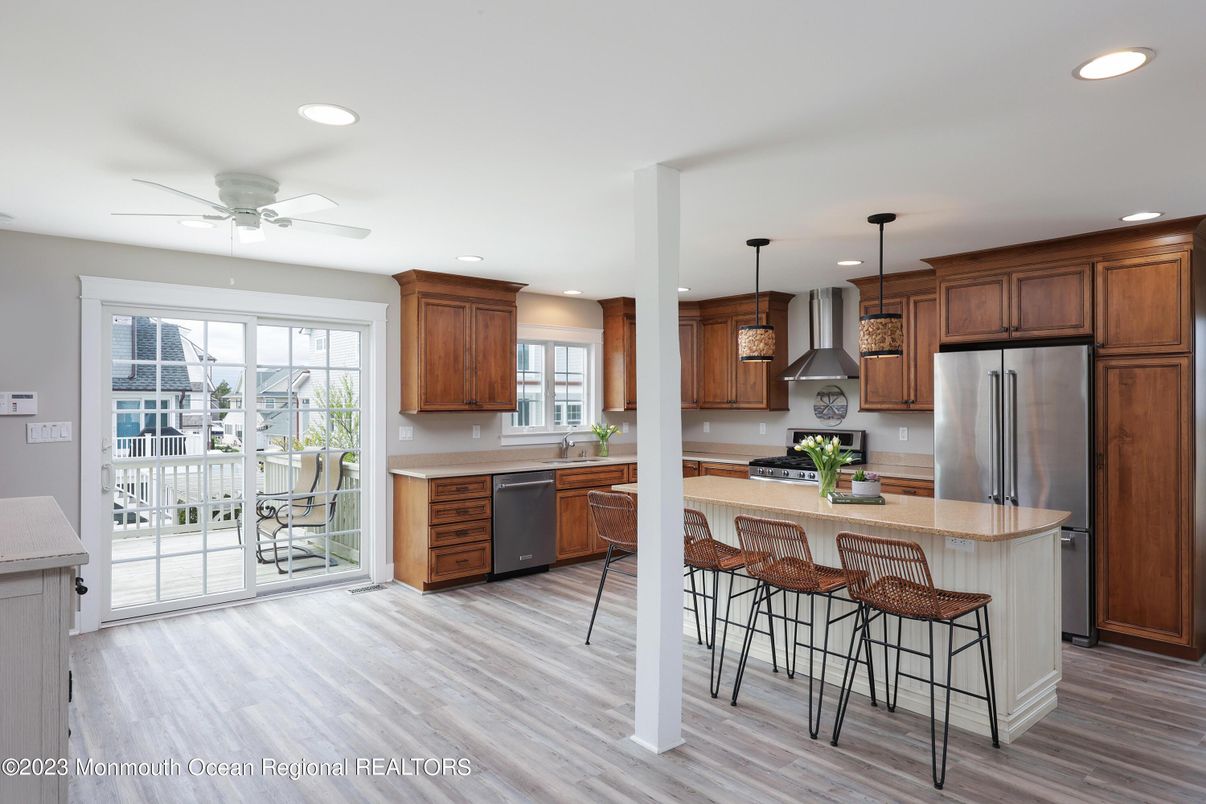 Interior, Kitchen, Pendant Lights, Recessed Lighting, Stainless Steel Appliances, Wood Texture Flooring