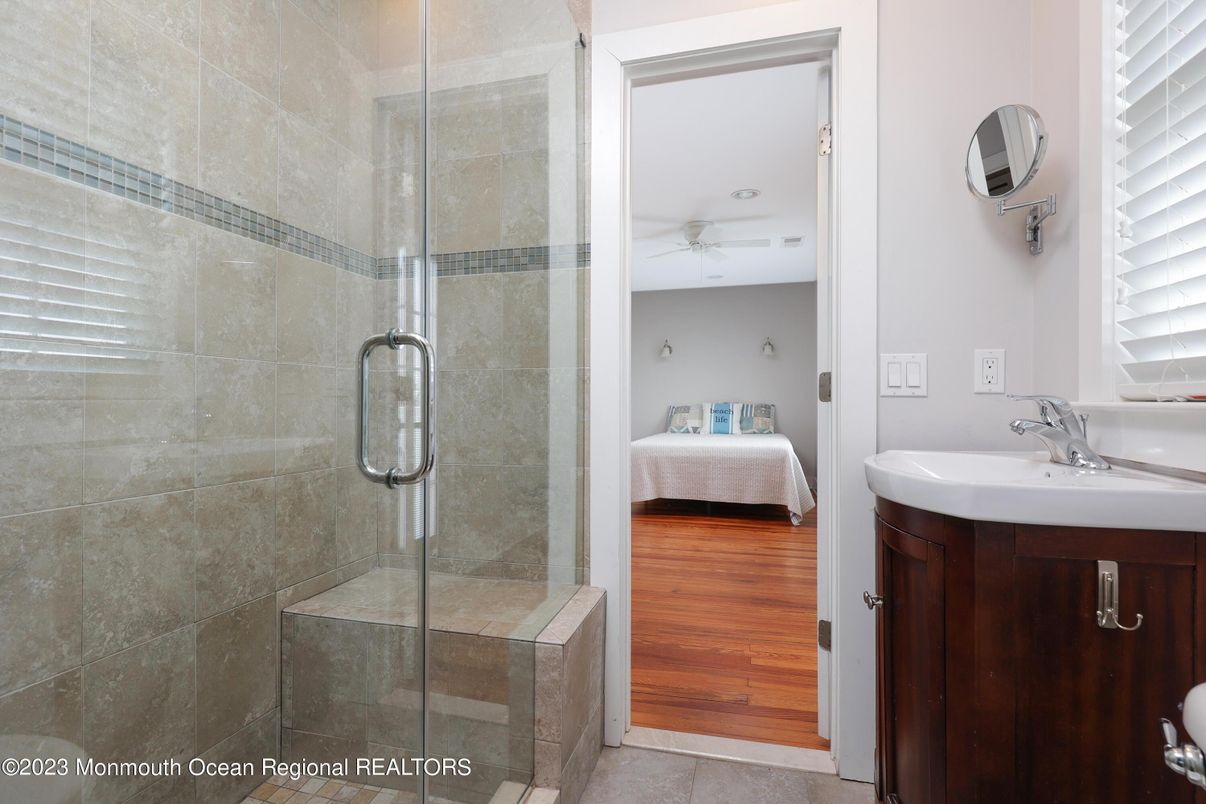 Bathroom, Glass Shower, Interior, Wood Texture Flooring