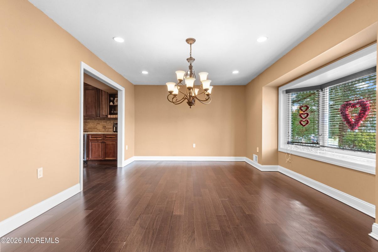 Chandelier, Empty room, Interior, Recessed Lighting, Wood Texture Flooring