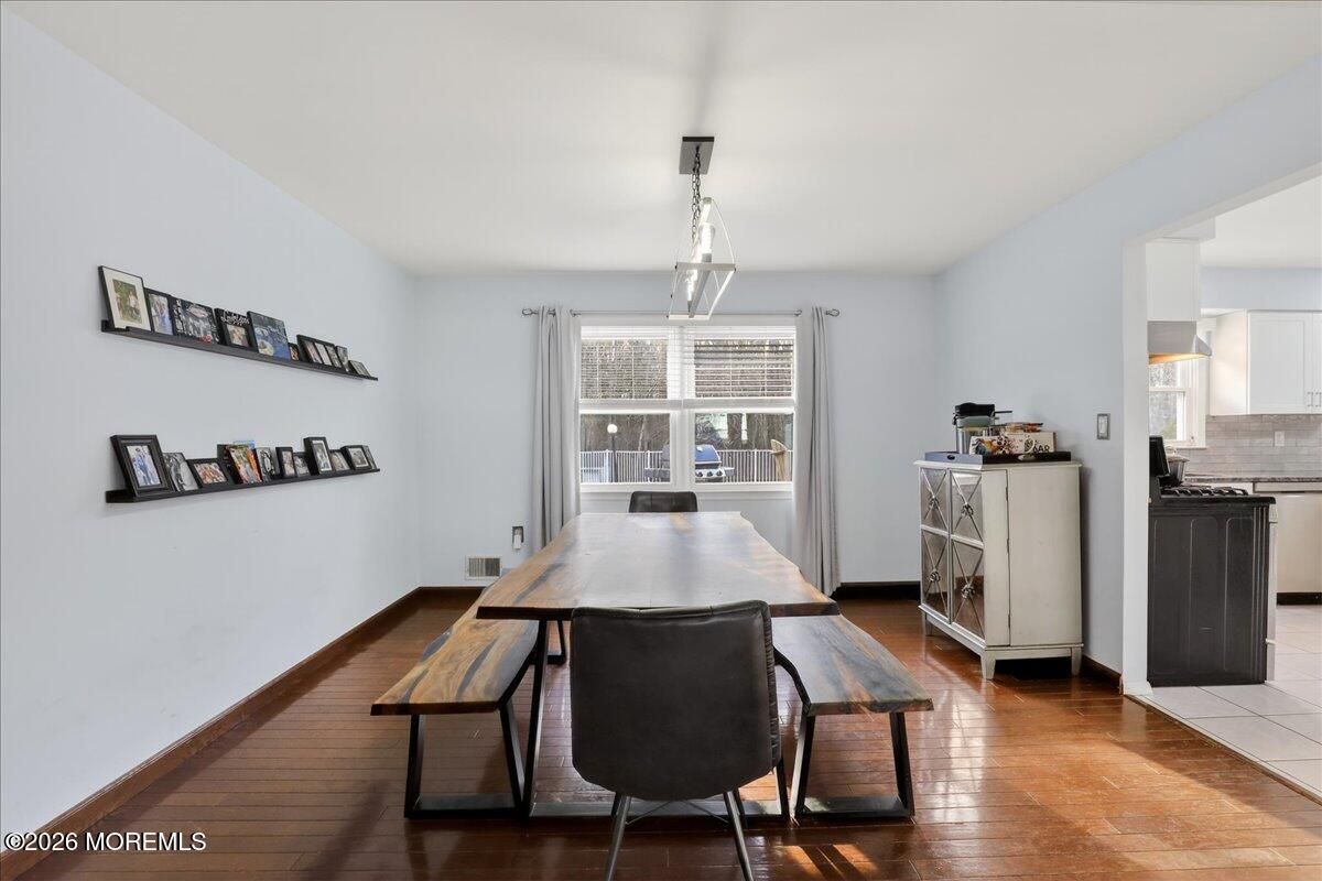 Dining room, Interior, Pendant Lights, Wood Texture Flooring