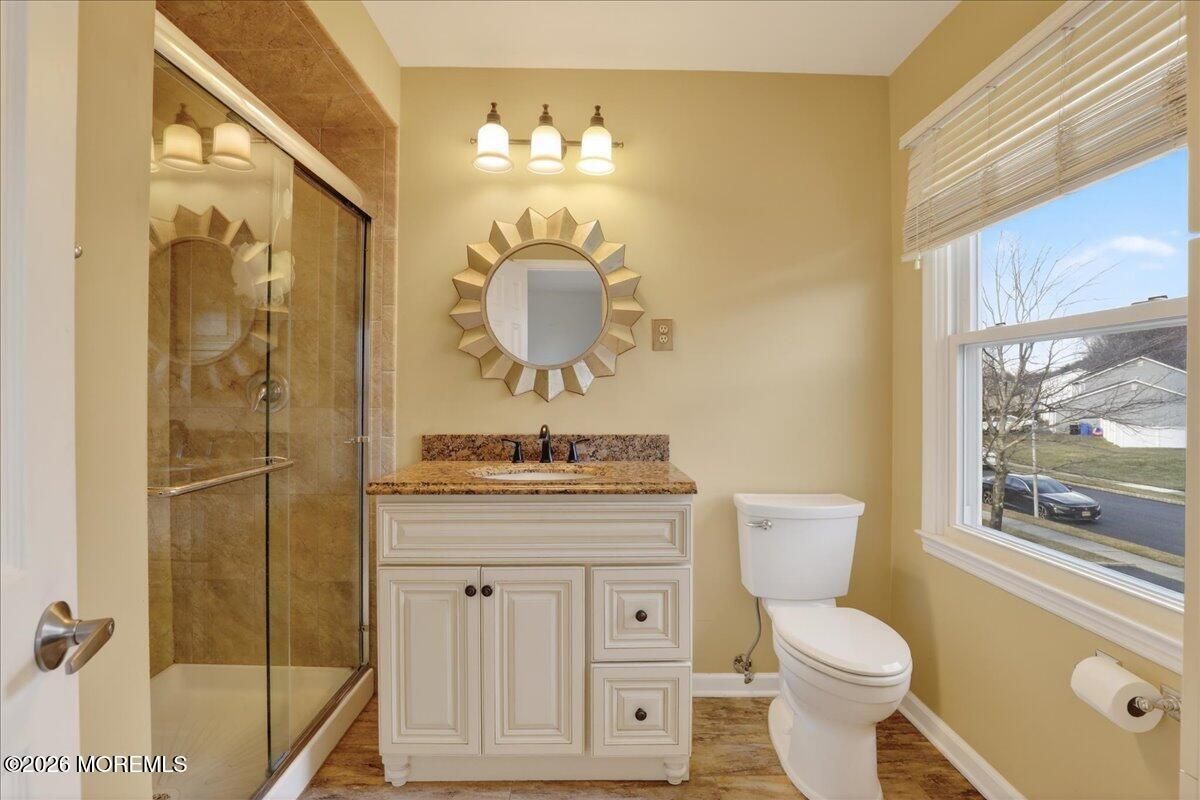 Bathroom, Glass Shower, Interior, Wood Texture Flooring