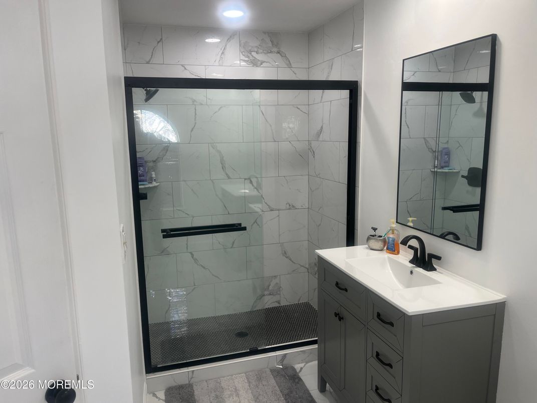 Bathroom, Glass Shower, Interior, Marble Walls, Recessed Lighting
