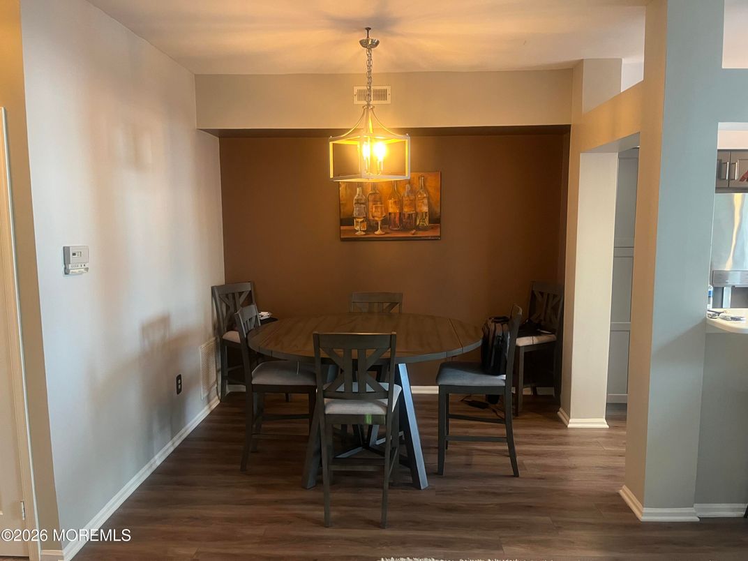 Dining room, Interior, Pendant Lights, Wood Texture Flooring
