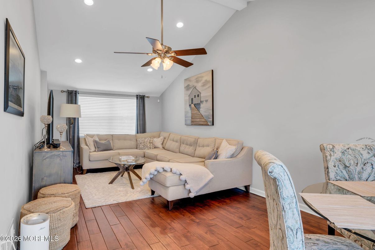 Dining room, Interior, Living room, Recessed Lighting, Wood Texture Flooring