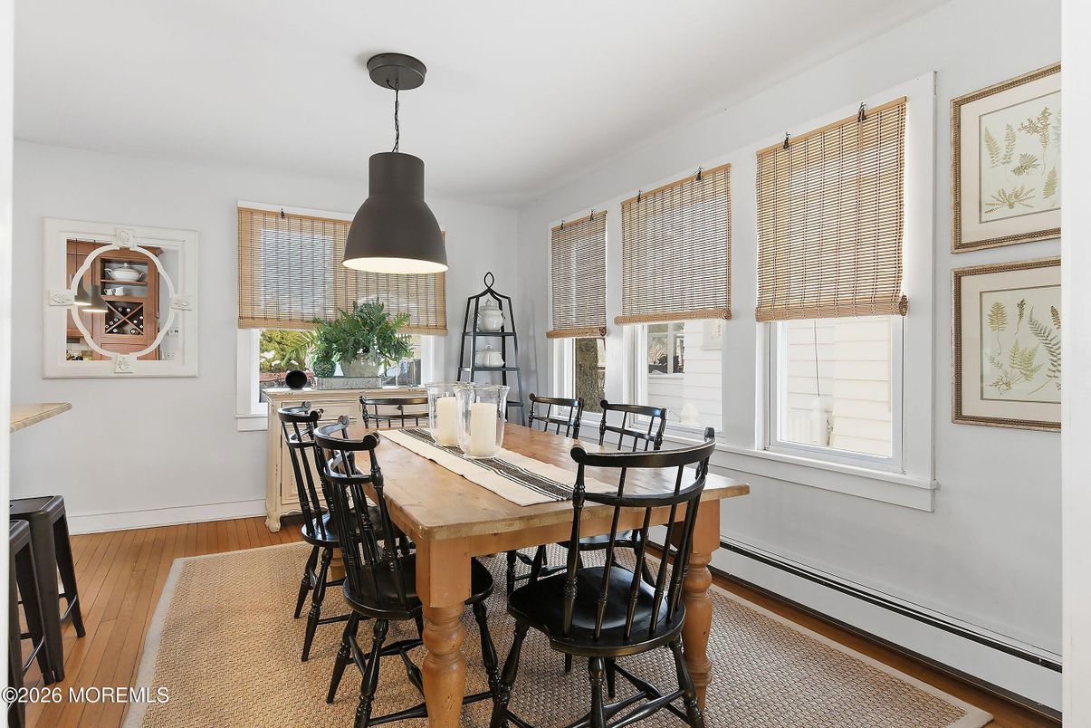 Dining room, Interior, Pendant Lights, Wood Texture Flooring