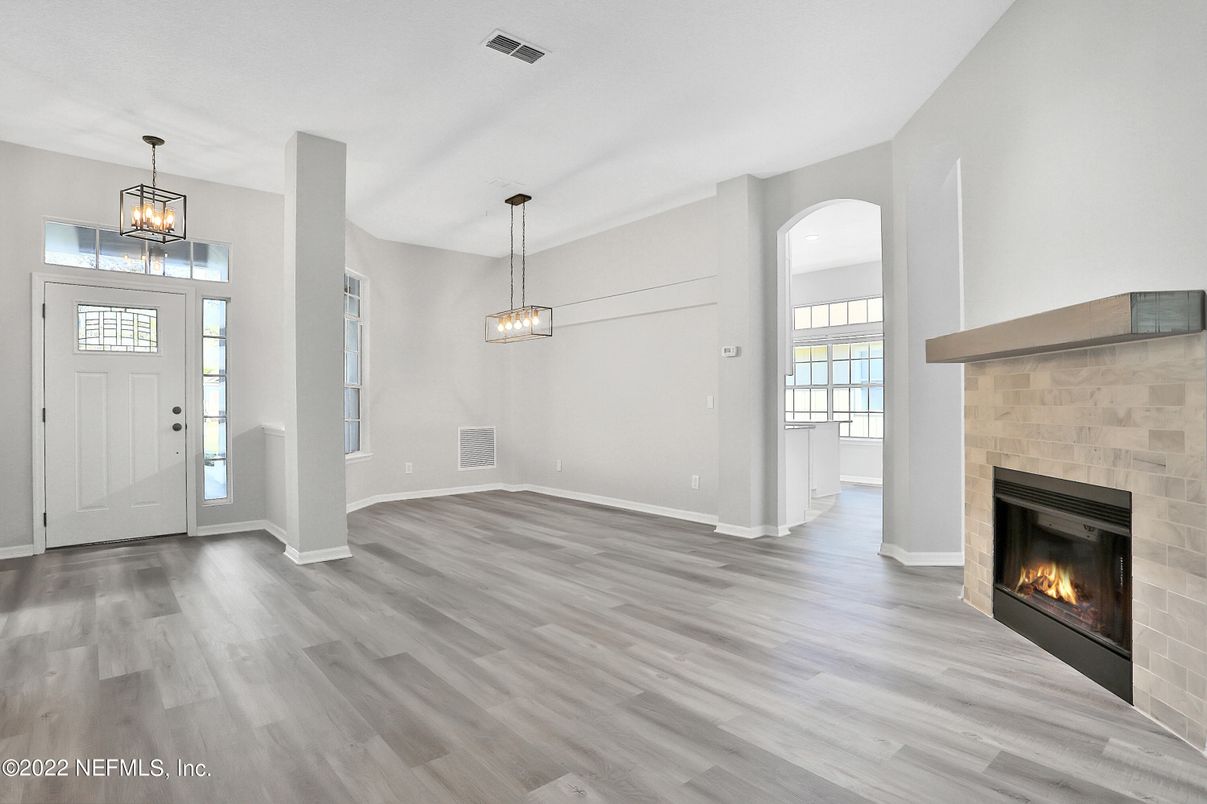 Empty room, Fireplace, Interior, Pendant Lights, Wood Texture Flooring