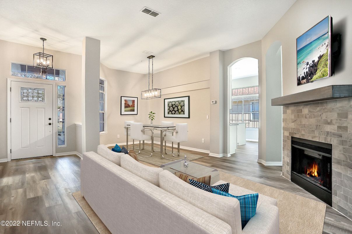 Dining room, Fireplace, Interior, Living room, Pendant Lights, Wood Texture Flooring