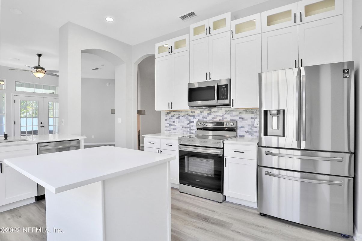 Interior, Kitchen, Recessed Lighting, Stainless Steel Appliances, Wood Texture Flooring