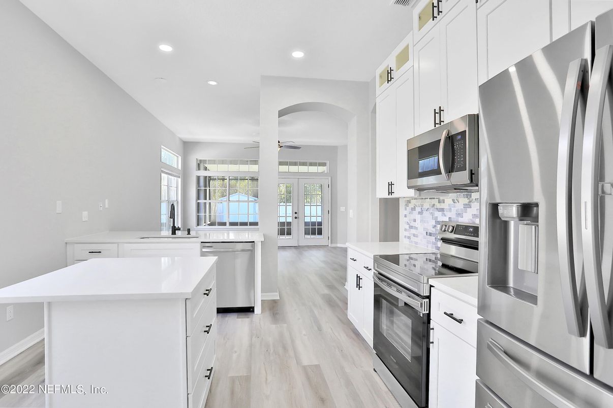 Interior, Kitchen, Recessed Lighting, Stainless Steel Appliances, Wood Texture Flooring