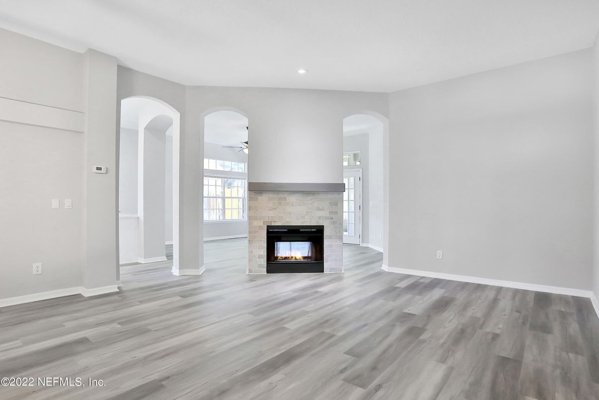 Empty room, Fireplace, Interior, Recessed Lighting, Wood Texture Flooring