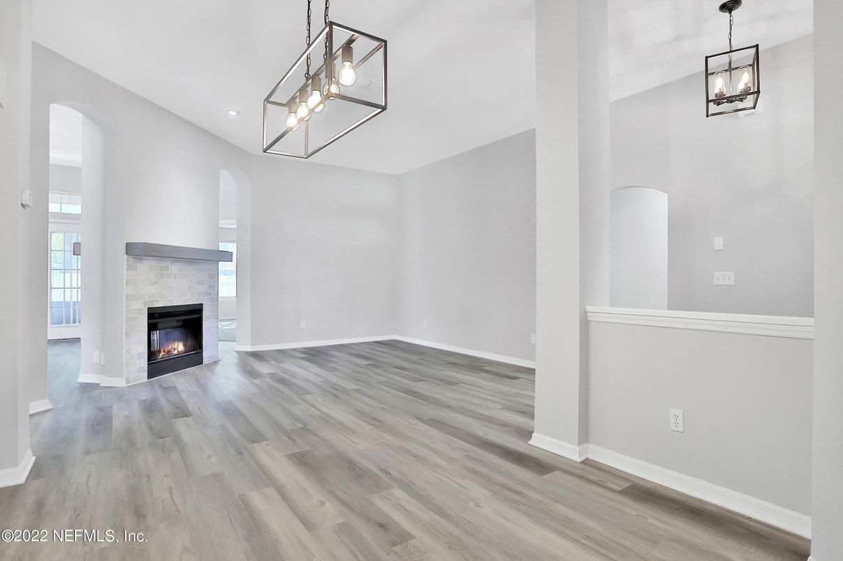 Empty room, Fireplace, Interior, Pendant Lights, Recessed Lighting, Wood Texture Flooring