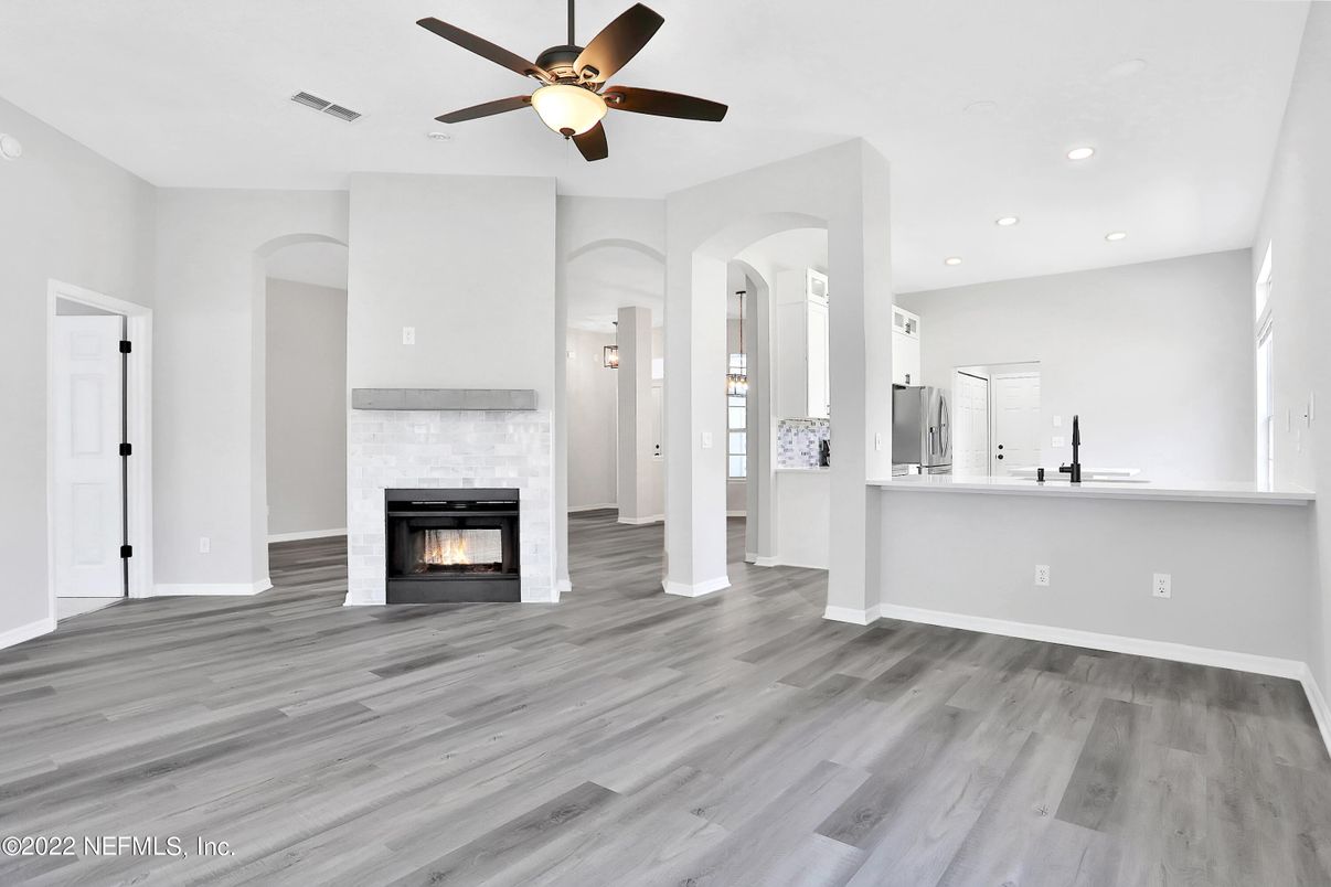 Empty room, Fireplace, Interior, Recessed Lighting, Wood Texture Flooring