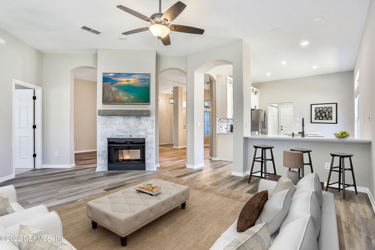 Fireplace, Interior, Living room, Recessed Lighting, Wood Texture Flooring