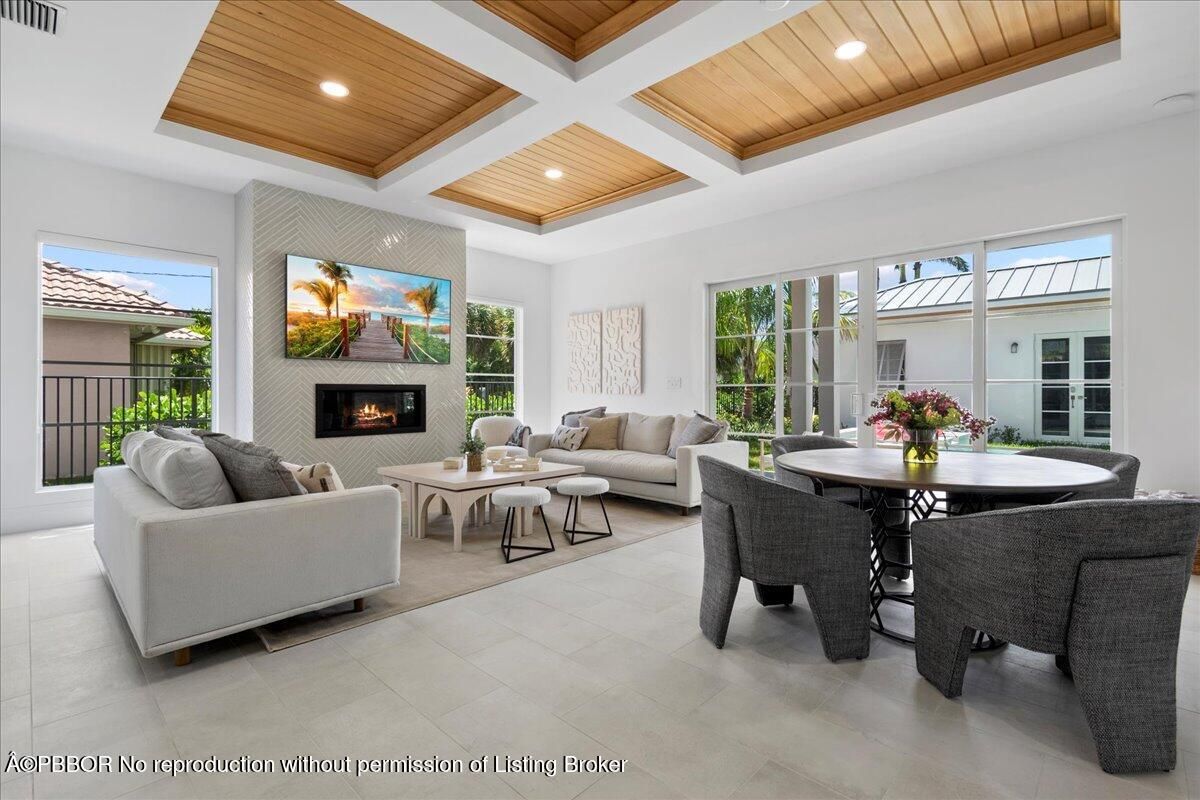 Dining room, Fireplace, Interior, Living room, Recessed Lighting, Wooden Ceilings