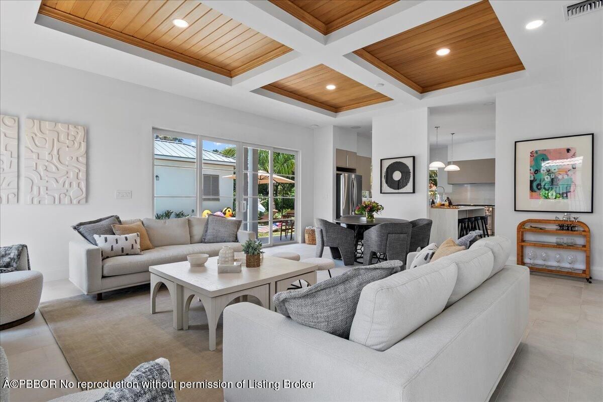 Dining room, Interior, Kitchen, Living room, Pendant Lights, Recessed Lighting, Stainless Steel Appliances, Wooden Ceilings