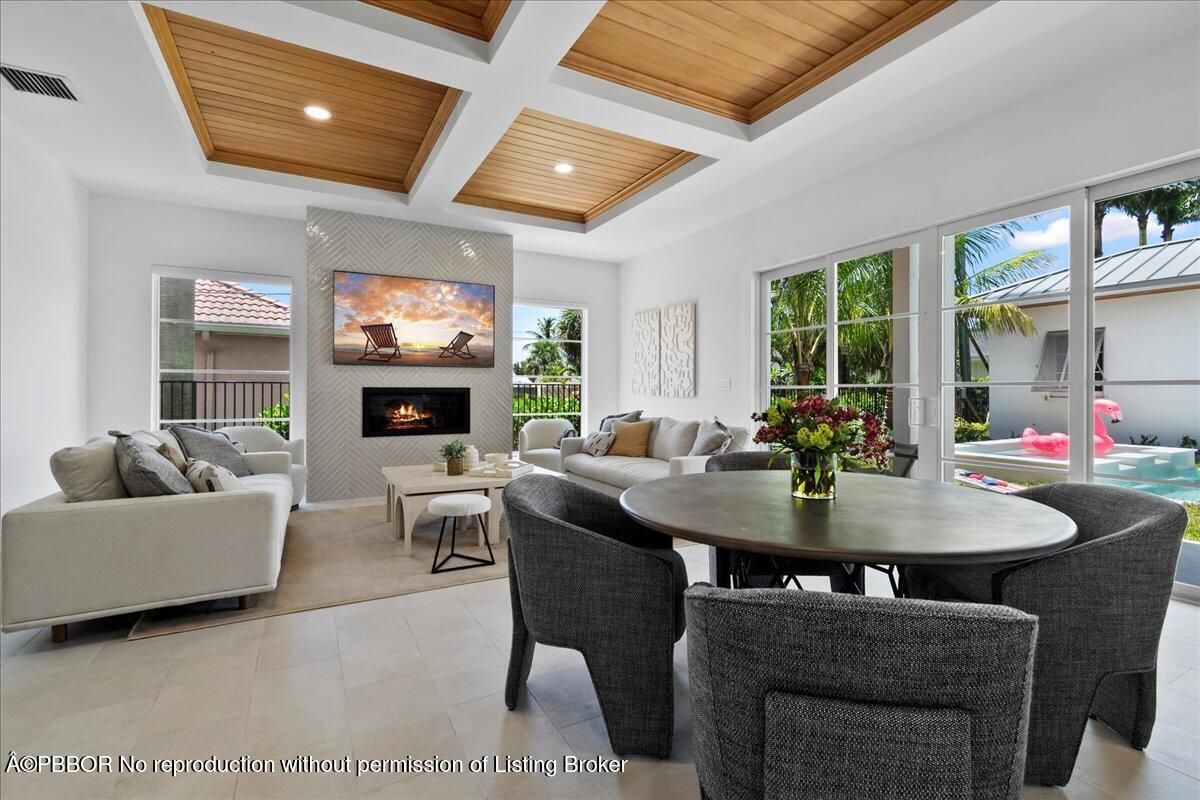 Dining room, Fireplace, Interior, Living room, Recessed Lighting, Wooden Ceilings