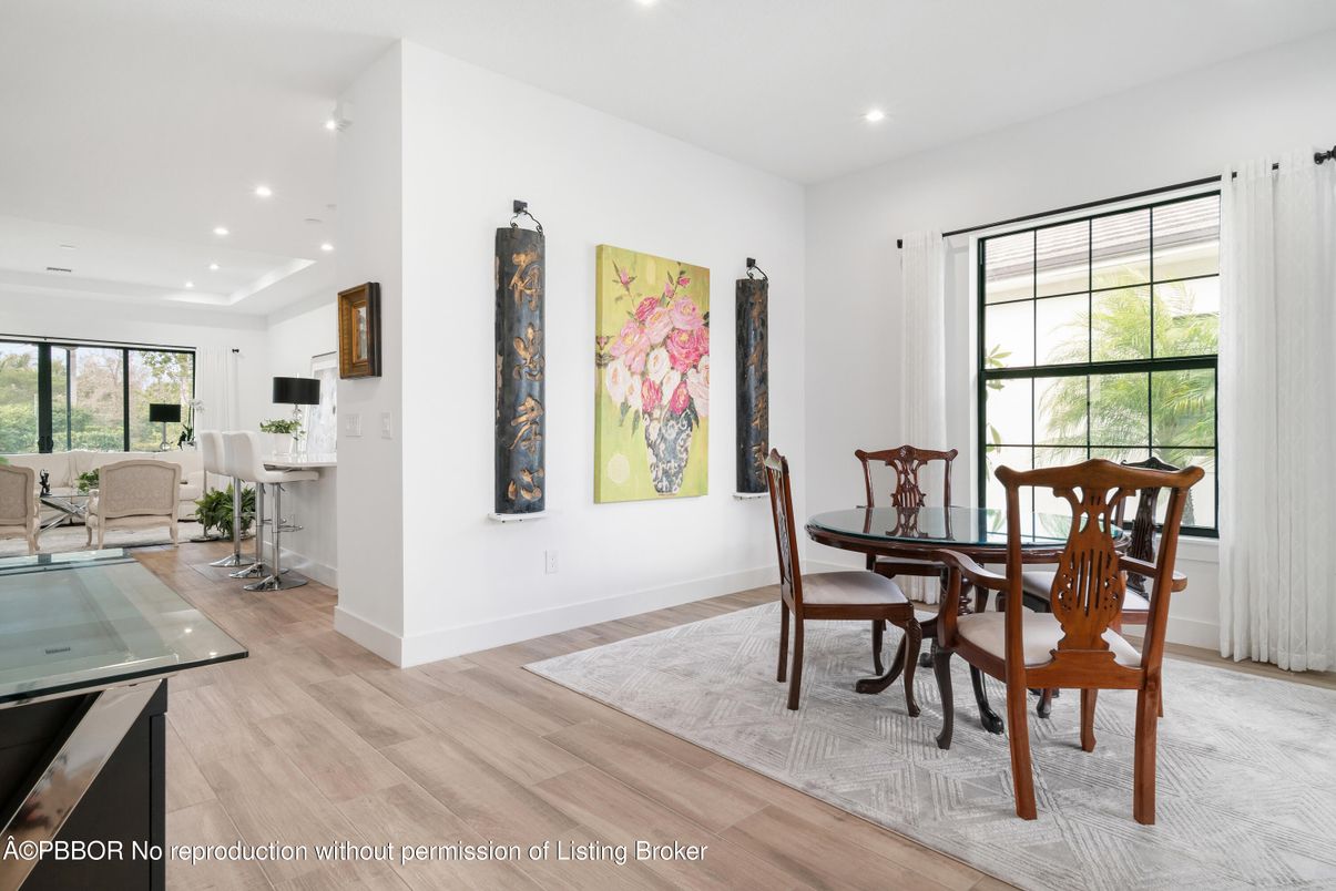 Dining room, Interior, Recessed Lighting, Wood Texture Flooring