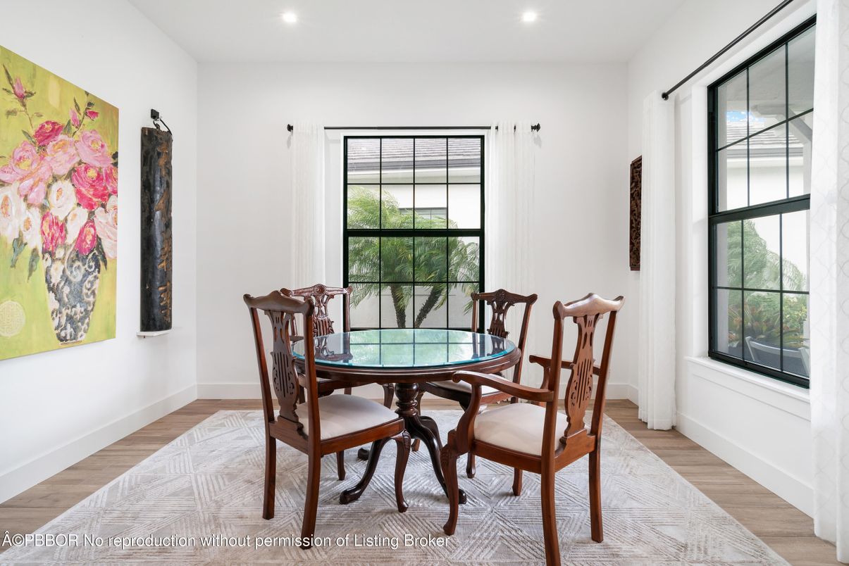 Dining room, Interior, Recessed Lighting, Wood Texture Flooring