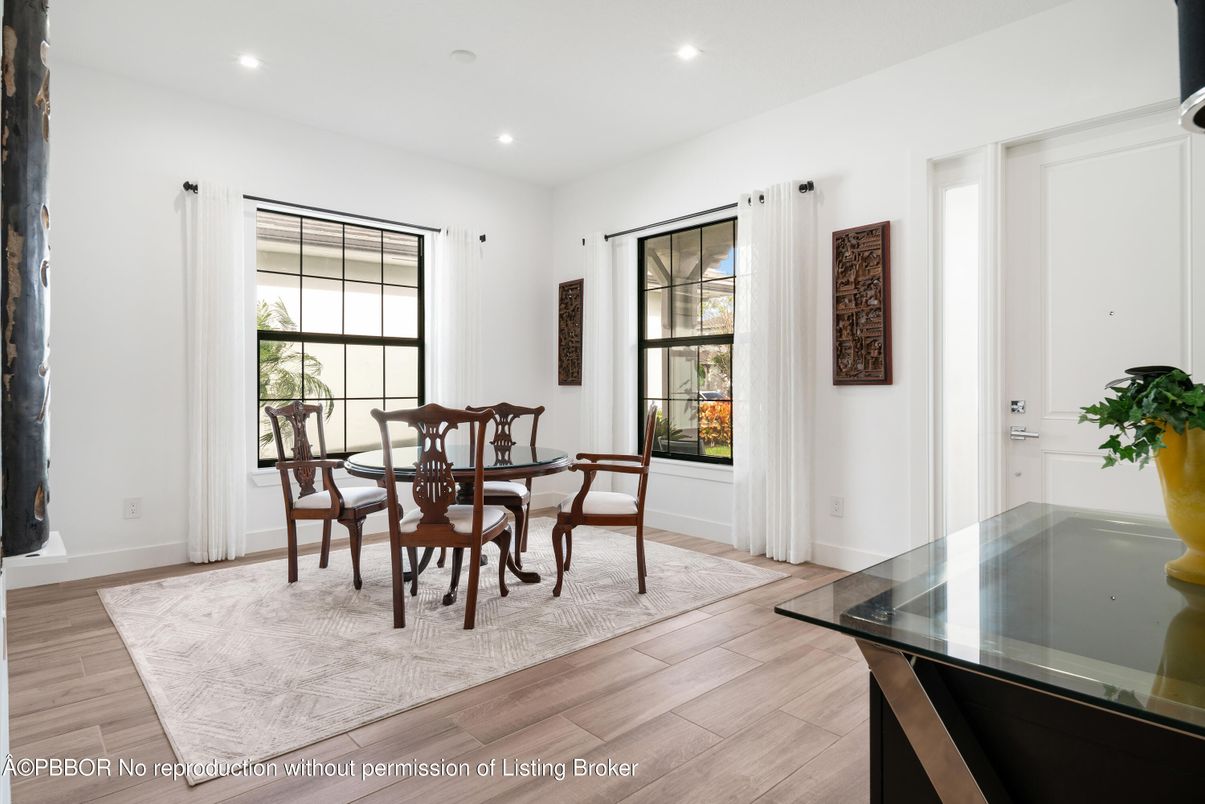 Dining room, Interior, Recessed Lighting, Wood Texture Flooring