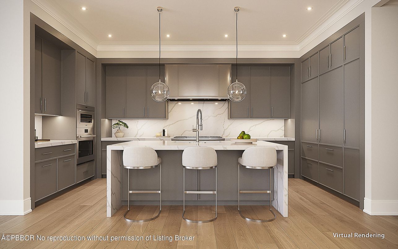 Interior, Kitchen, Marble Walls, Pendant Lights, Recessed Lighting, Stainless Steel Appliances, Wood Texture Flooring