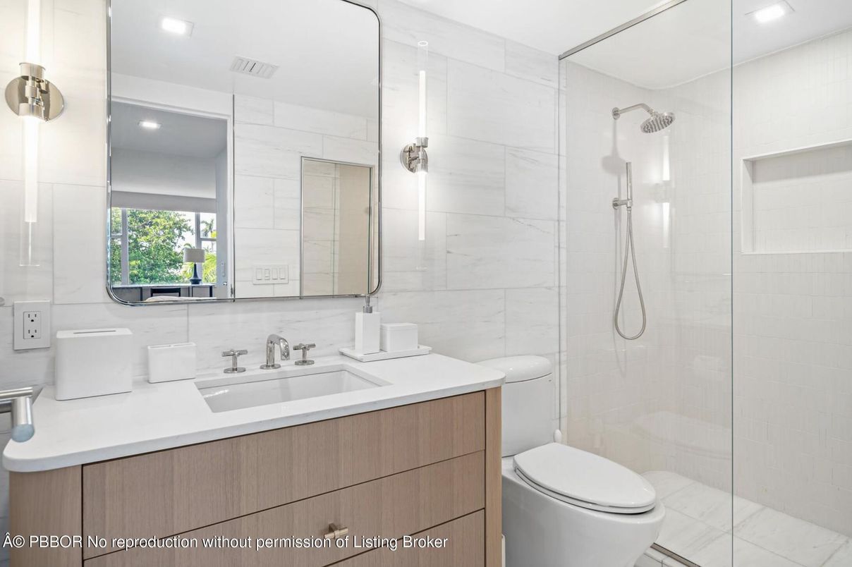 Bathroom, Glass Shower, Interior, Marble Walls, Recessed Lighting