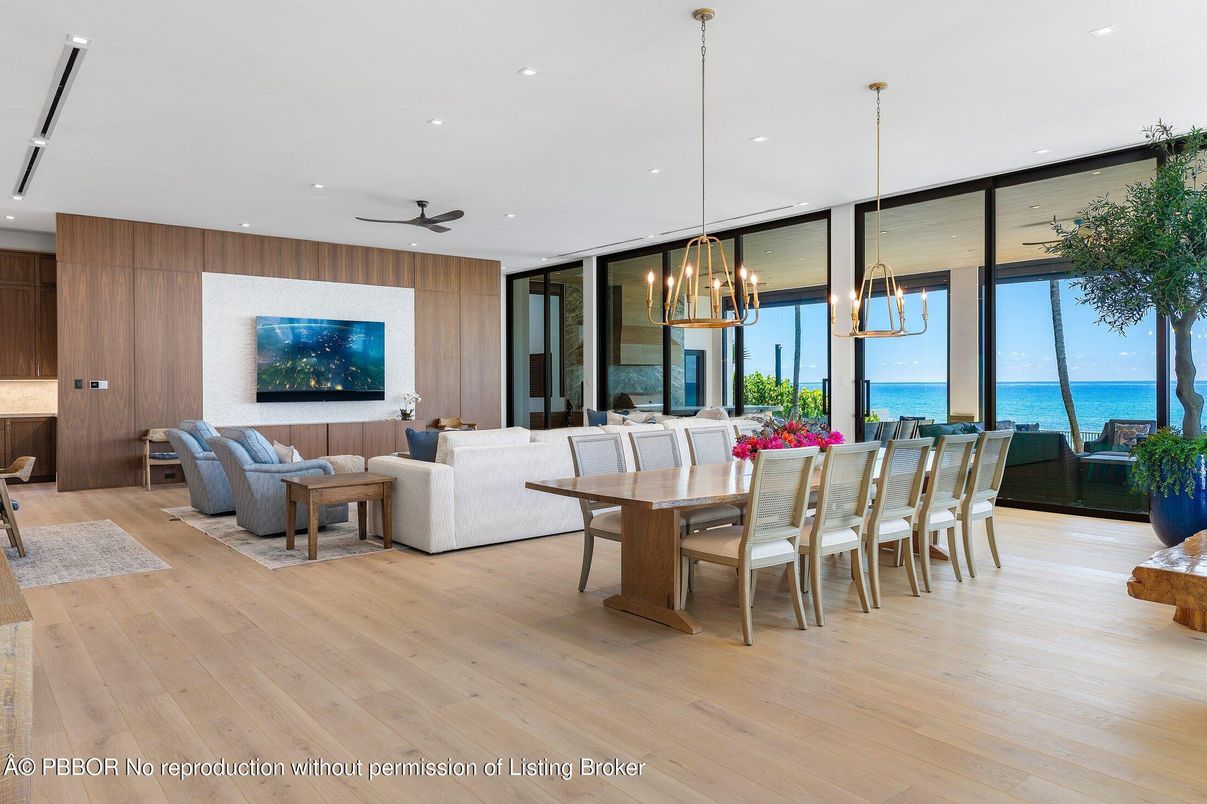 Dining room, Interior, Living room, Pendant Lights, Recessed Lighting, Water, Wood Texture Flooring