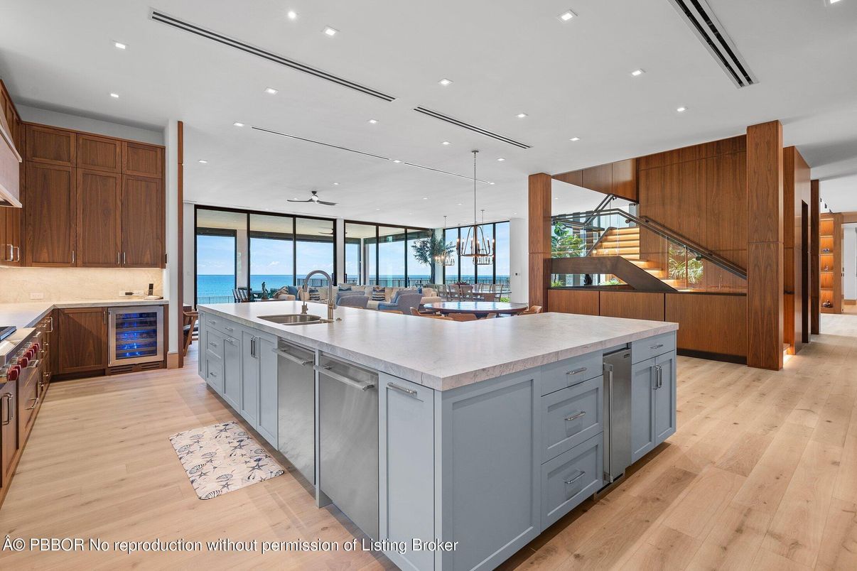 Interior, Kitchen, Pendant Lights, Recessed Lighting, Water, Wood Texture Flooring
