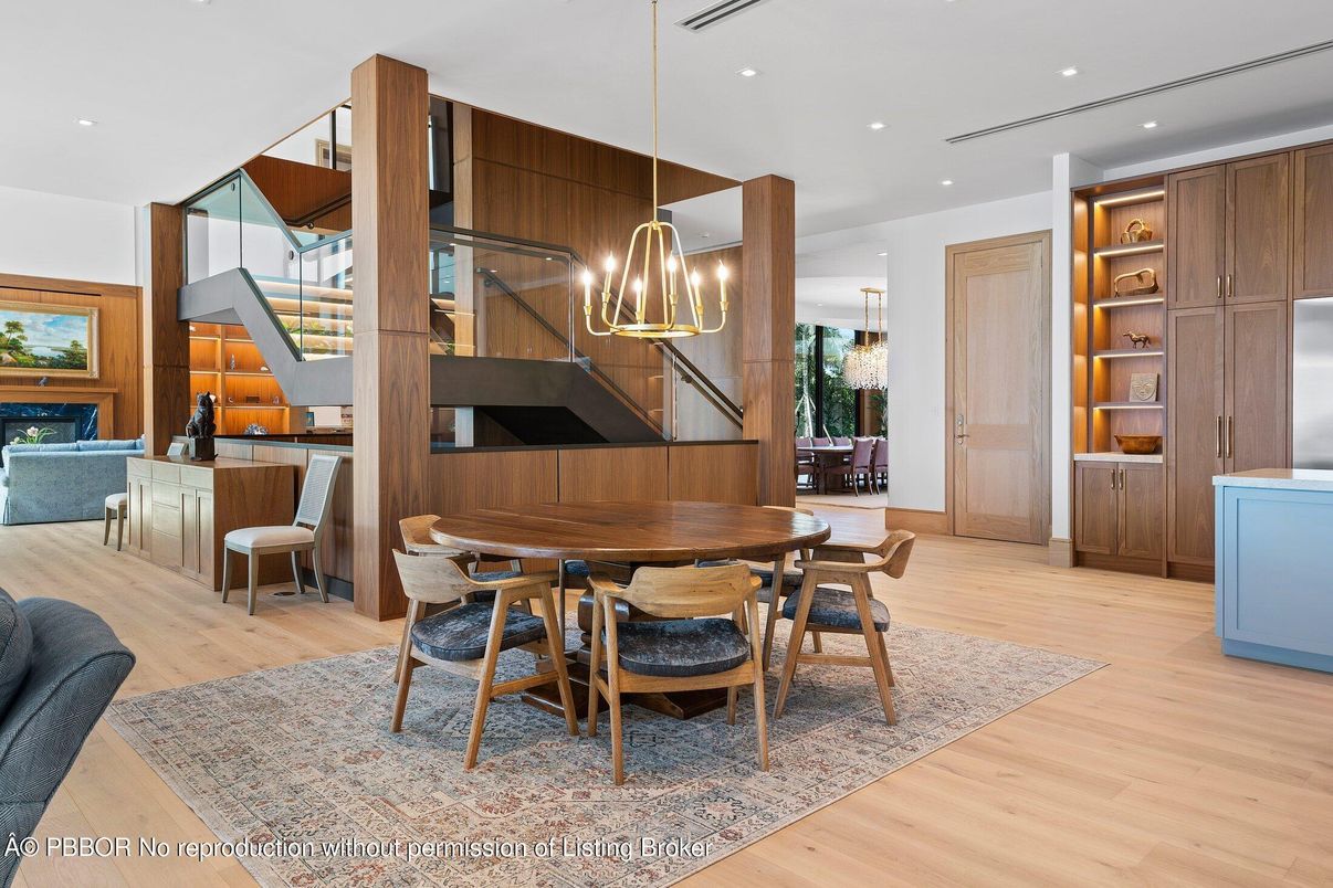 Dining room, Interior, Pendant Lights, Piano, Recessed Lighting, Wood Texture Flooring