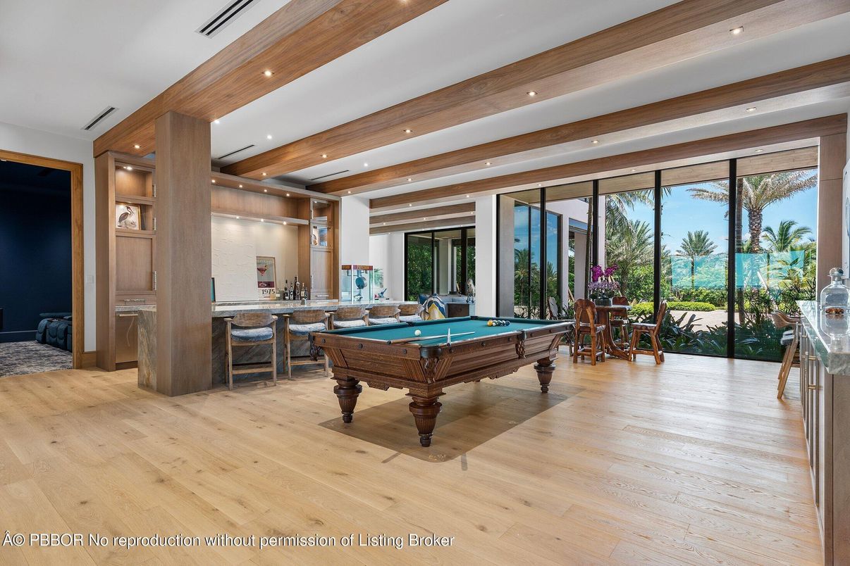Billiard Table, Game Room, Interior, Recessed Lighting, Wooden Beams, Wood Texture Flooring