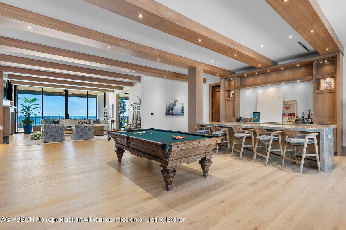 Billiard Table, Game Room, Interior, Living room, Recessed Lighting, Water, Wooden Beams, Wood Texture Flooring