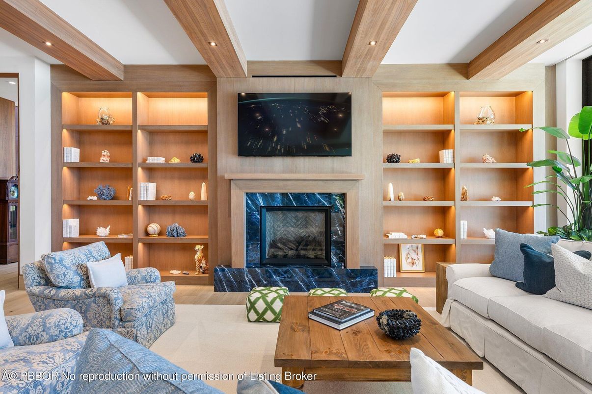 Fireplace, Interior, Living room, Recessed Lighting, Wooden Beams, Wood Texture Flooring