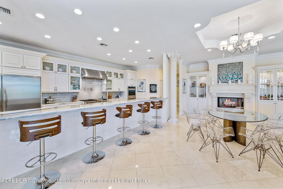 Chandelier, Dining room, Fireplace, Interior, Kitchen, Recessed Lighting, Stainless Steel Appliances