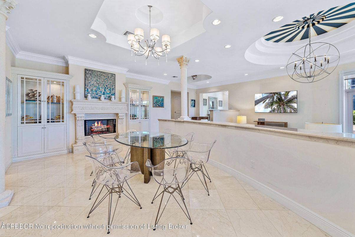 Chandelier, Dining room, Fireplace, Interior, Recessed Lighting