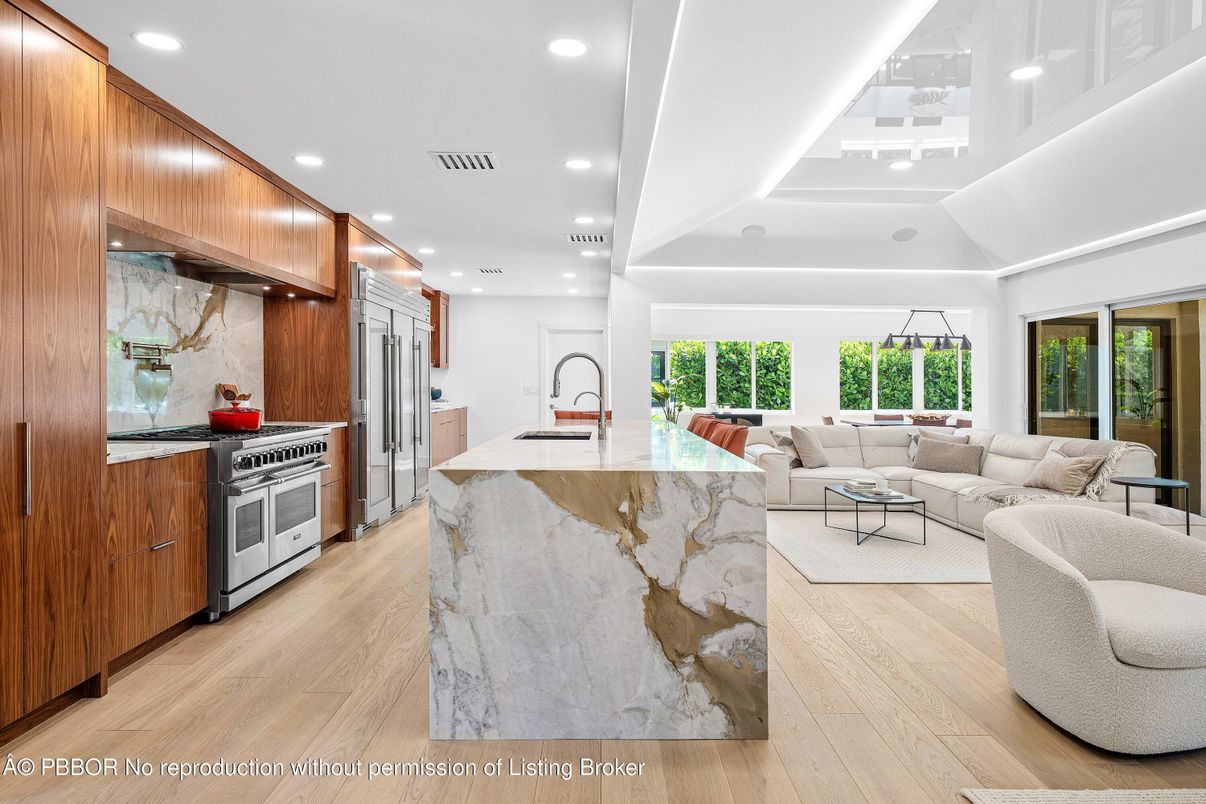 Interior, Kitchen, Living room, Recessed Lighting, Stainless Steel Appliances, Wood Texture Flooring