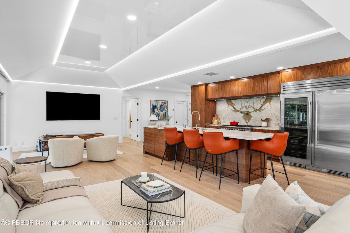 Interior, Kitchen, Living room, Marble Walls, Recessed Lighting, Stainless Steel Appliances, Wood Texture Flooring