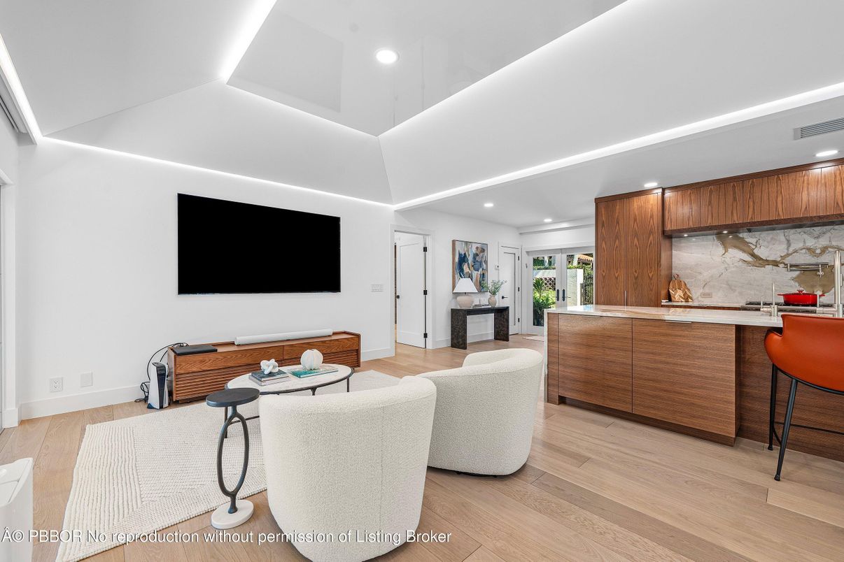 Interior, Kitchen, Living room, Marble Walls, Recessed Lighting, Wood Texture Flooring