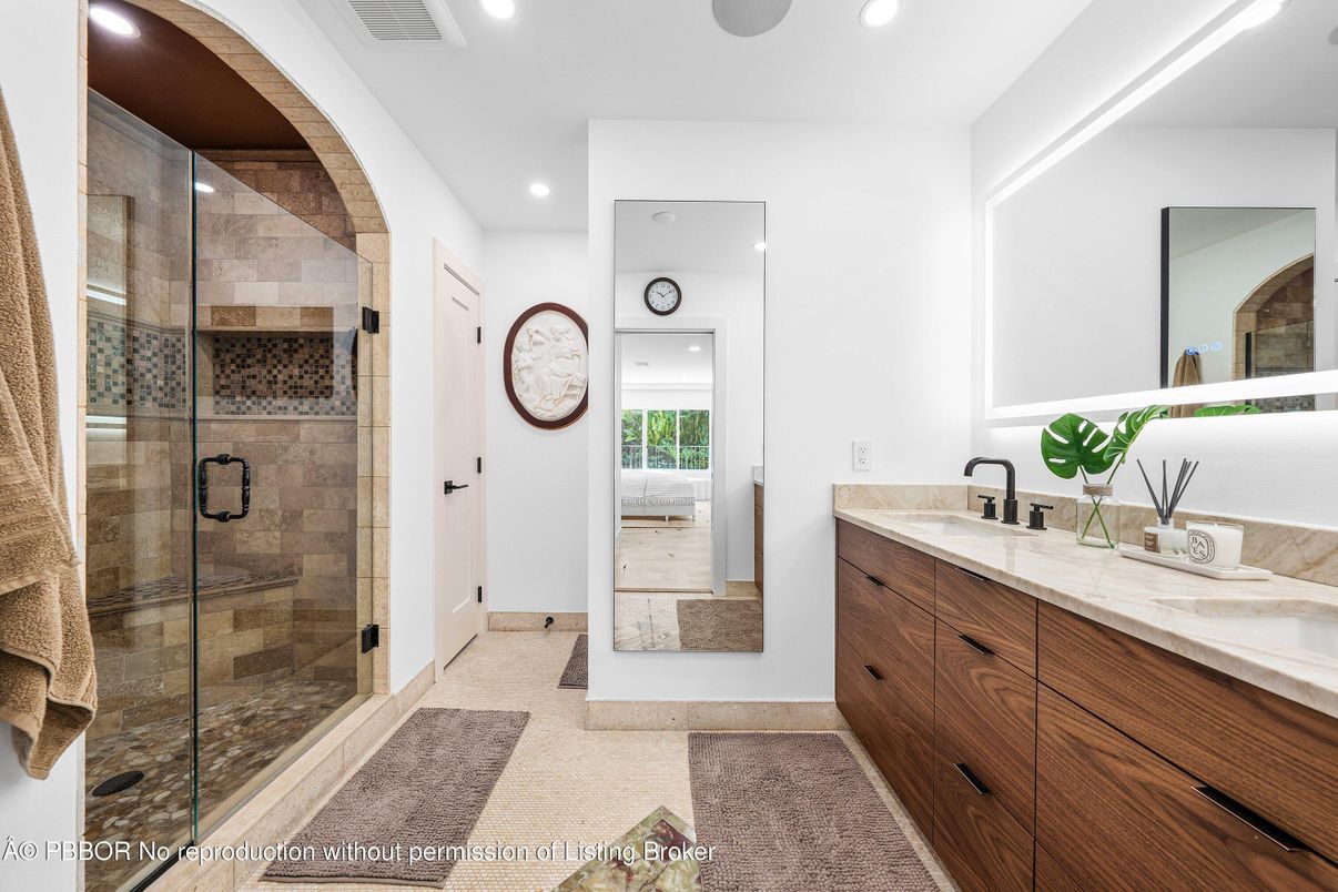 Bathroom, Dual Sink Vanities, Glass Shower, Interior, Recessed Lighting